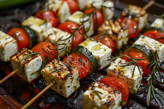 Grilled vegetarian grill skewers, tomato, sheep cheese and zucchini slices, rosemary garlic oil. Close-up