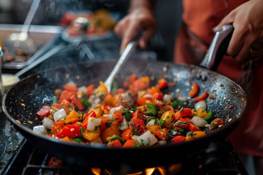 A man fries vegetables in a frying pan. Close-up