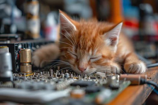 A cat is peacefully asleep on a computer motherboard, comfortably nestled in between circuits and components.