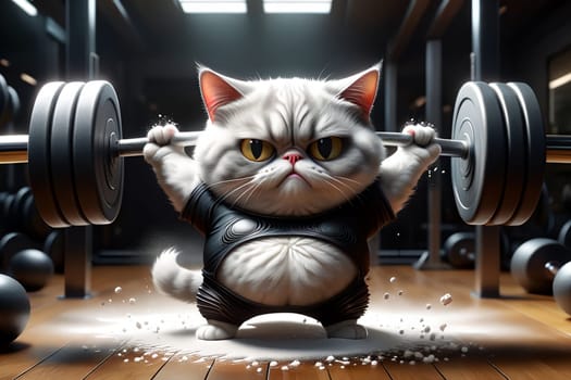 A fat cat in a T-shirt is doing sports in the gym .AI generated image.