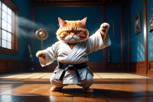 A fat cat in a T-shirt is doing sports in the gym .AI generated image.