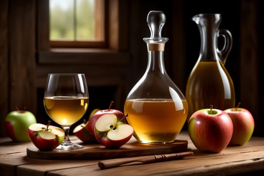 homemade apple wine in a glass and in a decanter on a background of green apples .