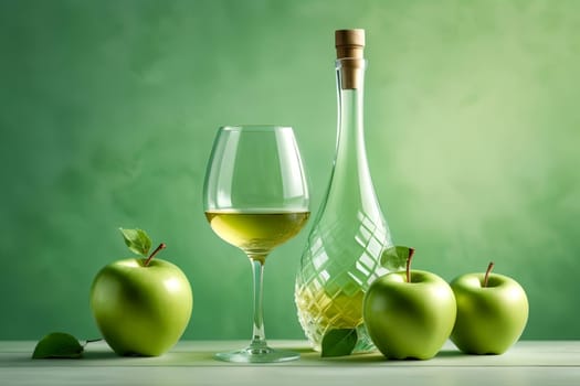 homemade apple wine in a glass and in a decanter on a background of green apples .