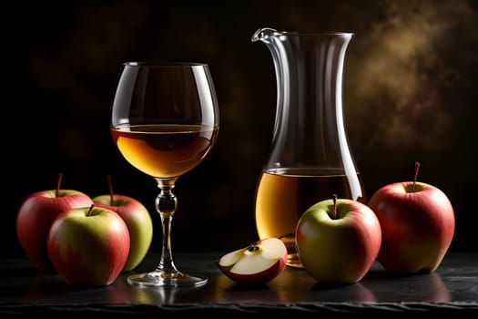 homemade apple wine in a glass and in a decanter on a background of green apples .