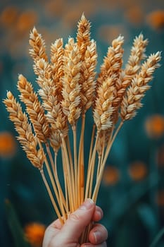 Hand holding a bundle of harvested wheat, symbolizing agriculture and harvest.