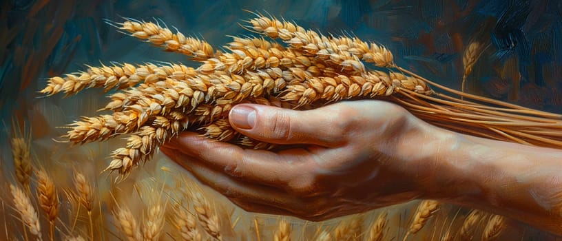 Hand holding a bundle of harvested wheat, symbolizing agriculture and harvest.