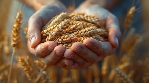 Hand holding a bundle of harvested wheat, symbolizing agriculture and harvest.