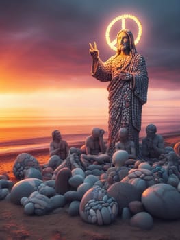 Sculpture of Jesus Christ made of pebbles at the beacj at sunset, asking for peace stop war concept ai generated