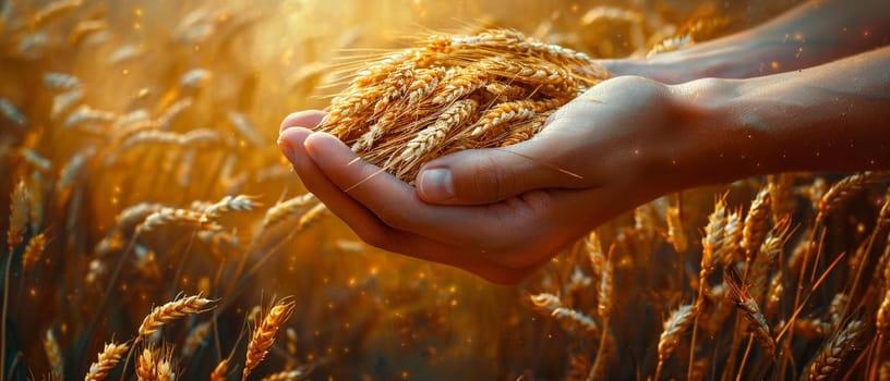 Hand holding a bundle of harvested wheat, symbolizing agriculture and harvest.