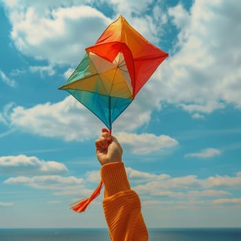 Hand holding a colorful kite against the sky, symbolizing freedom, childhood, and play.