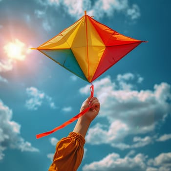 Hand holding a colorful kite against the sky, symbolizing freedom, childhood, and play.