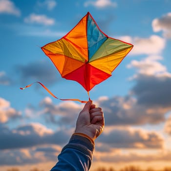 Hand holding a colorful kite against the sky, symbolizing freedom, childhood, and play.