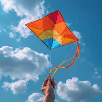 Hand holding a colorful kite against the sky, symbolizing freedom, childhood, and play.