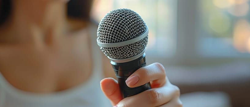 Hand holding a microphone, capturing expression, communication, and performance.