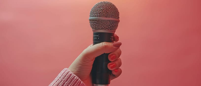 Hand holding a microphone, capturing expression, communication, and performance.