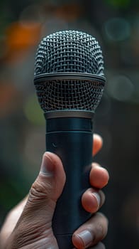 Hand holding a microphone, capturing expression, communication, and performance.