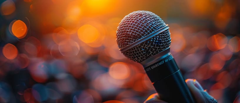 Hand holding a microphone, capturing expression, communication, and performance.