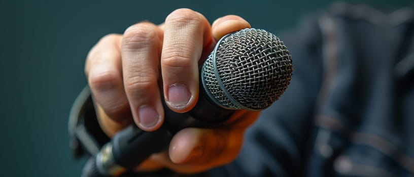 Hand holding a microphone, capturing expression, communication, and performance.