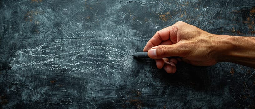 Hand holding a piece of chalk writing on a blackboard, depicting education and communication.