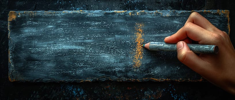 Hand holding a piece of chalk writing on a blackboard, depicting education and communication.