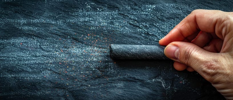 Hand holding a piece of chalk writing on a blackboard, depicting education and communication.