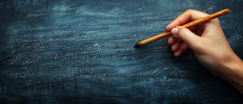 Hand holding a piece of chalk writing on a blackboard, depicting education and communication.