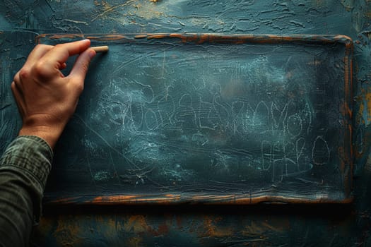 Hand holding a piece of chalk writing on a blackboard, depicting education and communication.