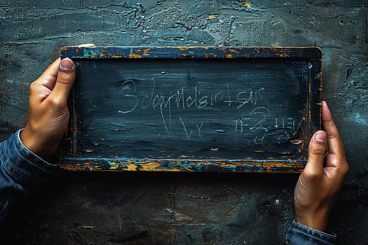 Hand holding a piece of chalk writing on a blackboard, depicting education and communication.