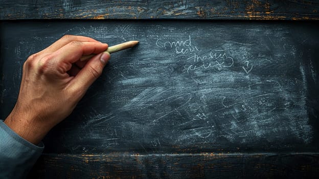 Hand holding a piece of chalk writing on a blackboard, depicting education and communication.