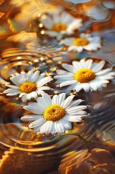Chamomile flowers on the surface of water in drops, flowers Generative AI,