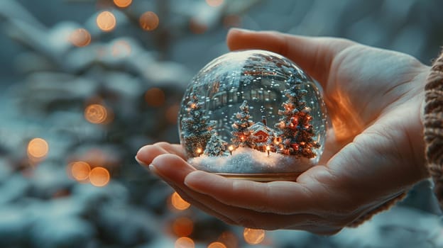 Hand holding a snow globe, evoking nostalgia, wonder, and the magic of winter.