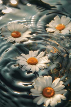 Chamomile flowers on the surface of water in drops, flowers Generative AI,