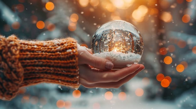 Hand holding a snow globe, evoking nostalgia, wonder, and the magic of winter.