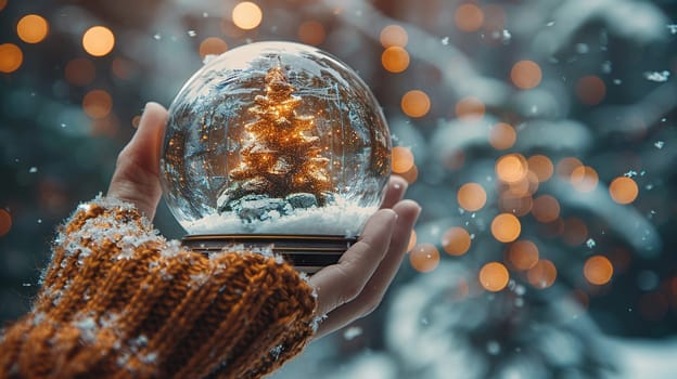 Hand holding a snow globe, evoking nostalgia, wonder, and the magic of winter.