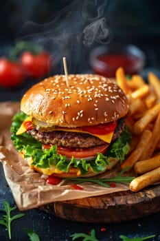 cheeseburger with fre fries on a wooden plate, food, Generative AI,