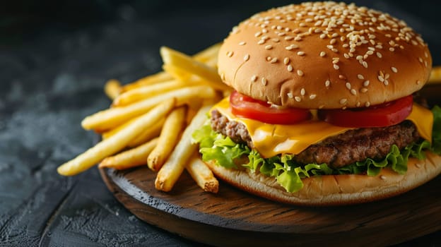 cheeseburger with fre fries on a wooden plate, food, Generative AI,