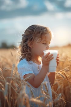 child drinks a glass of milk against the background of a wheat field, drink, Generative AI,