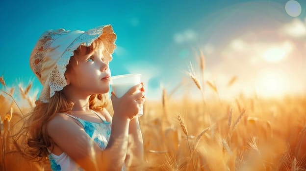 child drinks a glass of milk against the background of a wheat field, drink, Generative AI,