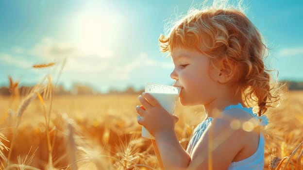 child drinks a glass of milk against the background of a wheat field, drink, Generative AI,