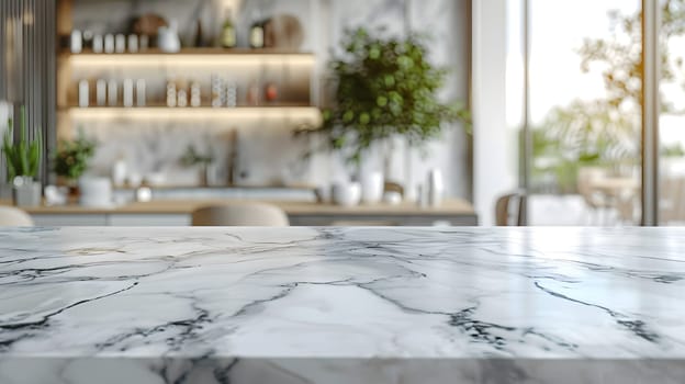 A marble counter top in a kitchen, contrasting with a blurred background of a modern building and asphalt road surface outside