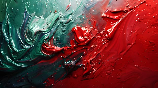 Close up of vibrant red and green art paint with liquid pattern. High quality photo