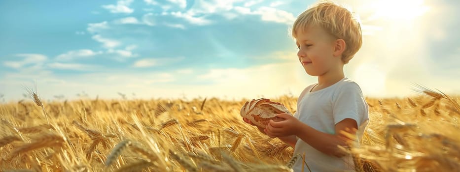 child holds bread in his hands against the background of a wheat field, food, Generative AI,