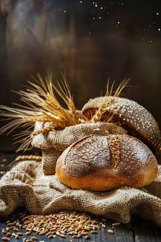 fresh bread on a wooden table with wheat, food Generative AI,