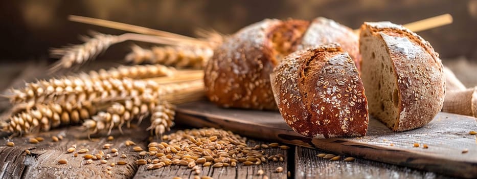 fresh bread on a wooden table with wheat, food Generative AI,
