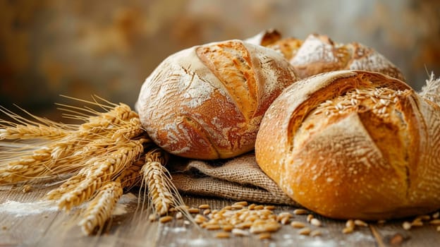 fresh bread on a wooden table with wheat, food Generative AI,