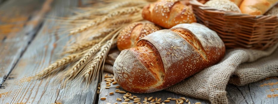 fresh bread on a wooden table with wheat, food Generative AI,
