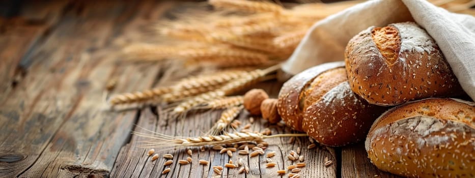 fresh bread on a wooden table with wheat, food Generative AI,