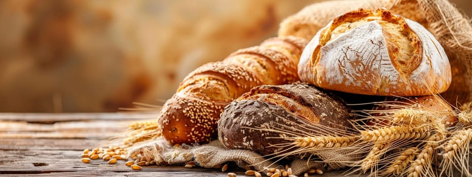 fresh bread on a wooden table with wheat, food Generative AI,