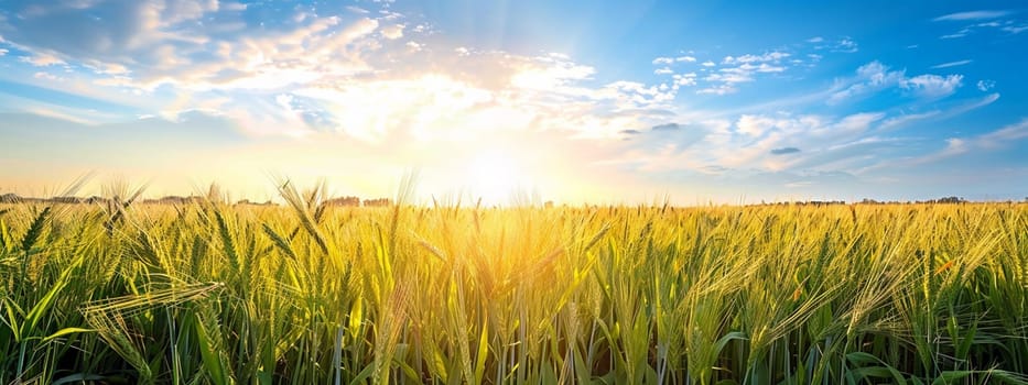 Growing wheat with sunlight and blue sky in the morning, food, Generative AI,