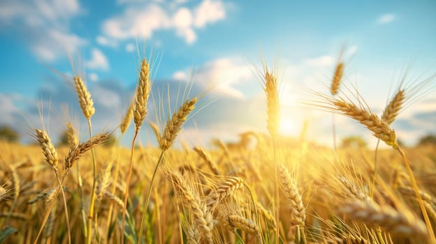 Growing wheat with sunlight and blue sky in the morning, food, Generative AI,